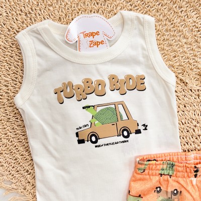 Conj. Regata Turbo Ride e Bermuda Dinos com Bichinhos - Off White e Laranja